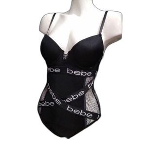 Bebe Women's NWOT Black Signature Strappy One Piece Bodysuit Teddy Size M